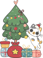 Fototapeta premium cute Christmas naughty kitten cat on Christmas tree cartoon doodle hand drawing