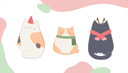 Cat illustration. Christmas theme, hand-drawn, doodle, cute, cartoon style. Cat in Christmas costume. Cat wear scarf. Vector. 