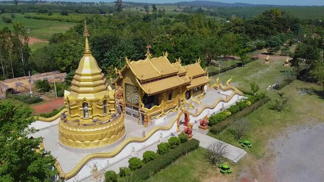 Wat Pa Thep Intha Pradit The distinctiveness of this temple is The whole golden Ubosot, beautiful only when the sunlight hits Ban Rai Subdistrict, Thep Sathit District, Chaiyaphum Province, Thailand