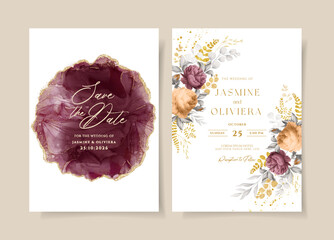 Romantic floral wedding invitation template set with roses and leaves decoration © aestheticpixele
