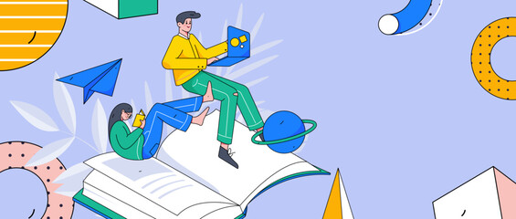 Reading learning remote online education through online classes flat vector concept operation illustration