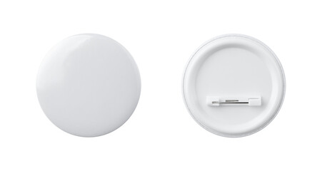 White blank badge. Glossy round button. Pin badge mockup isolated on white background - obrazy, fototapety, plakaty