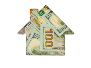Dollar banknote in shape of house on white background. Concept of Investment property, Mortgage concept. Investment risk and uncertainty in real estate housing market, utility bills.Top view flat lay