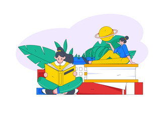 Reading learning remote online education through online classes flat vector concept operation illustration
