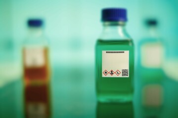 chemical solution glass bottles warning with hazard signs
