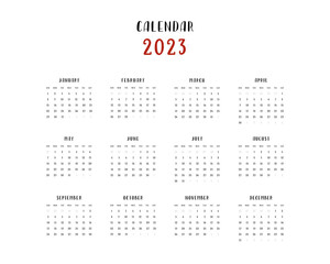 Hand drawn 2023 calendar template in english. Vector illustration