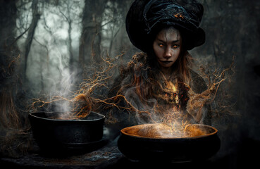 An experienced witch brews a demon summoning potion. Realistic digital illustration. Fantastic Background. Concept Art. CG Artwork.