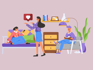 Living room home rest character scene flat vector concept operation illustration
