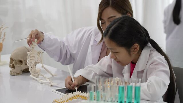 Young Asian Child Learning Science and Medicine with Teacher at School Classroom