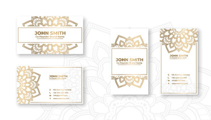 Luxury white business card with golden mandala decoration designs, Bright floral ornamental elements