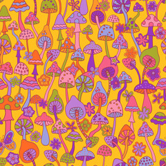 Abstract psychedelic surface pattern design. Colorful retro seamless pattern with hand drawn groovy elements, flowers and mushrooms. Vintage 60s hippie vector background