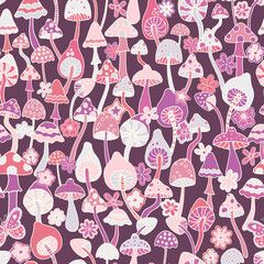 Abstract psychedelic surface pattern design. Colorful retro seamless pattern with hand drawn groovy elements, flowers and mushrooms. Vintage 60s hippie vector background