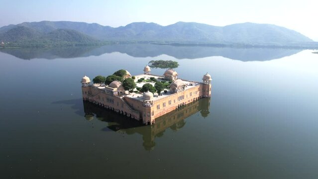 An Aerial Shot of Jal Mahal at Jaipur in Rajasthan,India