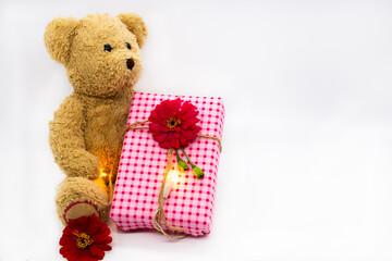 teddy bear holding gift box for festival christmas ,new year and special day decoration postcard style on background white