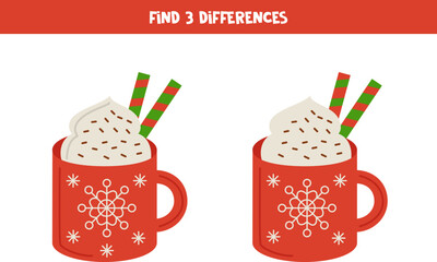 Find 3 differences between two red cups of cacao.