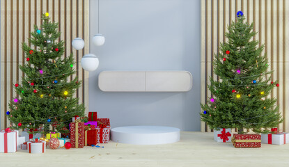 Merry Christmas and New Year holiday with presents, podium designs for product presentation and empty space on cylinder for you elements, Christmas tree decorations, 3d illustration rendering
