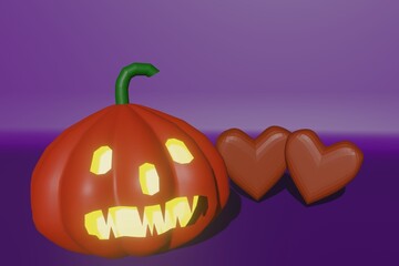 Jack O Lantern Pumpkins smile and heart on purple background for party in Happy Halloween .
