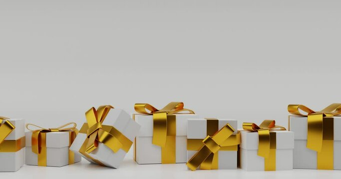 3D realistic bright, white gift boxes with a golden bow. Paper boxes with ribbon and shadow highlighted on a white background. 3d render