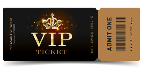 VIP ticket for one person with a golden crown on a dark background - obrazy, fototapety, plakaty