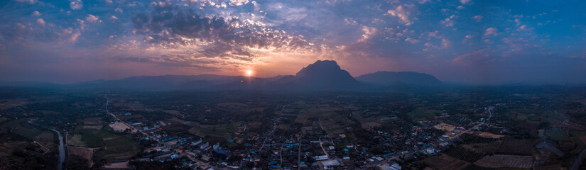 Mountain landscape at sunset. Panorama of beautiful view on hills