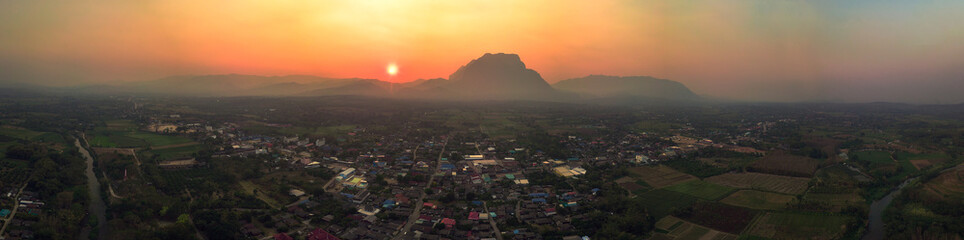 Mountain landscape at sunset. Panorama of beautiful view on hills