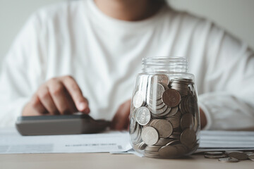 Woman calculate bill budget payment, home accounting concept with calculator