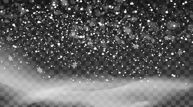 Falling snow on a transparent background. Snow clouds or shrouds. Fog, snowfall. Abstract snowflake background. Fall of snow. Vector illustrator 10 EPS.