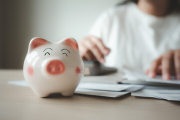 Money save concept woman put coin in piggy bank. Coin currency deposit for household expense.