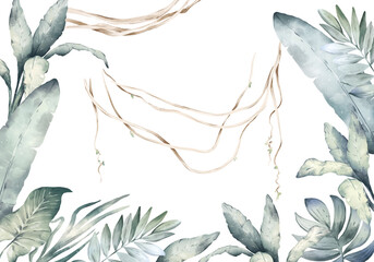 Watercolor hand drawn illustration with colorful tropical palm leaves. Exotic green leaves, liana, branches isolated on white background. Floral jungle tree botanical design elements.
