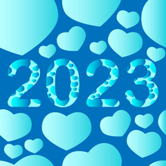 Seamless pattern heart and text 2023 graphic on blue background. love romantic design for valentine's day, white day, Father's day, Mother's day, New Year, greeting card, Holiday card, web poster.