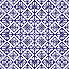 Abstract geometric line seamless pattern graphic stripes square diamond shape background. Modern navy blue and white design for textile, wallpaper, clothing, backdrop, tile, wrapping, fabric vector.