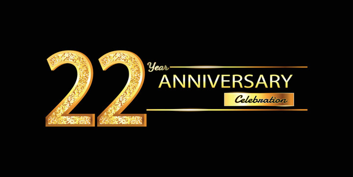 22 Year Anniversary celebration Vector Design. 22nd Anniversary celebration. Gold Luxury Banner of 22nd Anniversary celebration with glitter 3D. Vector anniversary