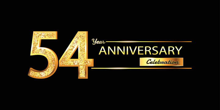 54 Year Anniversary celebration Vector Design. 54th Anniversary celebration. Gold Luxury Banner of 54th Anniversary celebration with glitter 3D. Vector anniversary
