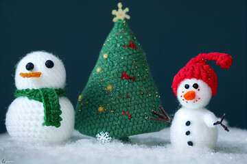 Cutest Christmas tree and snowman in forest with snow. Crochet style with wool