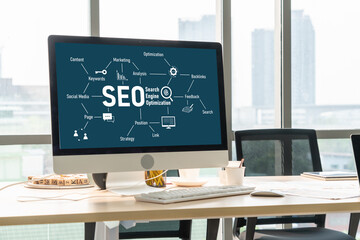 SEO search engine optimization for modish e-commerce and online retail business showing on computer...