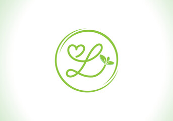 Love healthy and green nutrition leaf logo design with the letters. Green love leaf logo