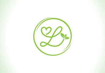 Love healthy and green nutrition leaf logo design with the letters. Green love leaf logo