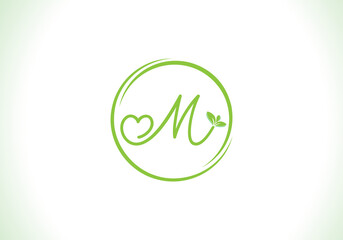 Love healthy and green nutrition leaf logo design with the letters. Green love leaf logo