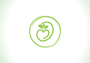 Love healthy and green nutrition leaf logo design with the letters. Green love leaf logo
