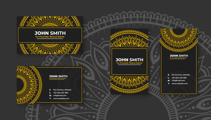 Luxury black business card with yellow mandala decoration designs, Bright floral ornamental elements