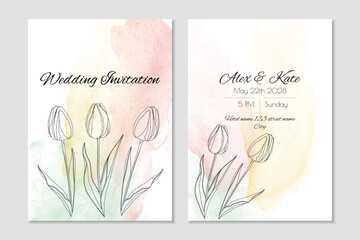 Vector wedding invitation template with tulips and colourful watercolor background