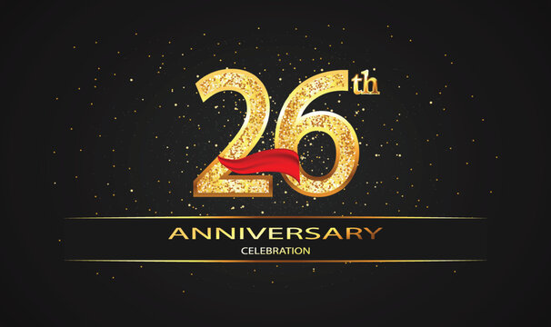 26 Year Anniversary celebration Vector Design with red ribbon and glitter. 26th Anniversary celebration. Gold Luxury Banner of 26th Anniversary. celebration card