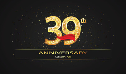 39 Year Anniversary celebration Vector Design with red ribbon and glitter. 39th Anniversary celebration. Gold Luxury Banner of 39th Anniversary. celebration card