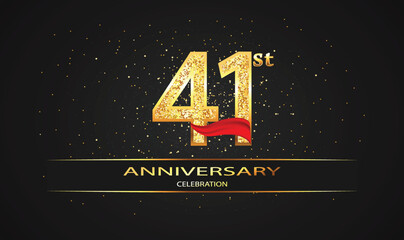 41 Year Anniversary celebration Vector Design with red ribbon and glitter. 41st Anniversary celebration. Gold Luxury Banner of 41st Anniversary. celebration card - obrazy, fototapety, plakaty