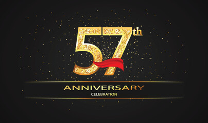 57 Year Anniversary celebration Vector Design with red ribbon and glitter. 57th Anniversary celebration. Gold Luxury Banner of 57th Anniversary. celebration card