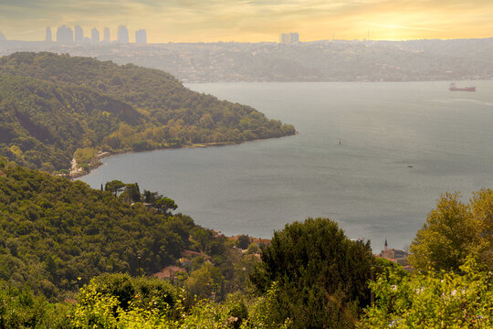 View from the top of mountains of Anadolu Kavagi, Bosphorus Strait, Istanbul, Turkey, with green woods, calm sea, and clear sky at sunset time