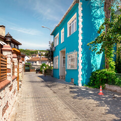 Fototapeta na wymiar Cobblestone alley, with beautiful old traditional houses, including blue house, suited in Anadolu Kavagi district, Istanbul, Turkey, in a summer day