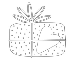 Coloring book, Box with a gift for christmas, new year, birthday. Black and white illustration for coloring. Development of children, education of preschoolers, schoolchildren. Task, game.