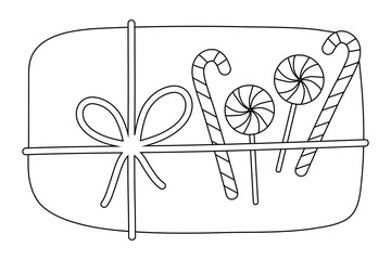 Coloring book, Box with a gift for christmas, new year, birthday. Black and white illustration for coloring. Development of children, education of preschoolers, schoolchildren. Task, game.