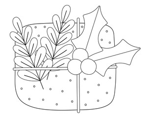Coloring book, Box with a gift for christmas, new year, birthday. Black and white illustration for coloring. Development of children, education of preschoolers, schoolchildren. Task, game.